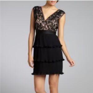 Max & Cleo Black & Tan Lace Overlay Pleat Tiered Skirt Cocktail Mini Dress, Sz 4